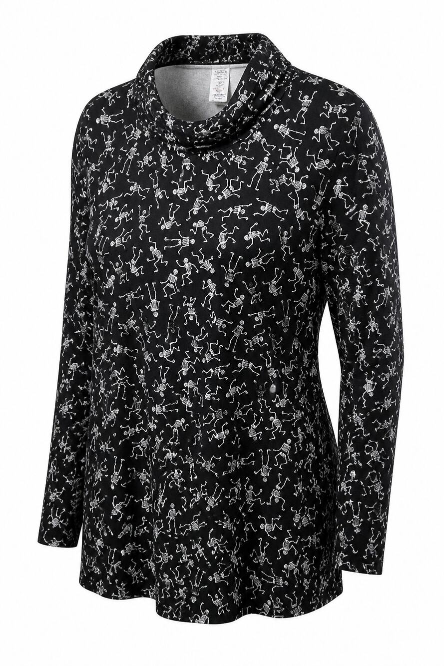 Skeleton Halloween Tunic Top Womens SZ XL Black Long Sleeve Goth Fall Party